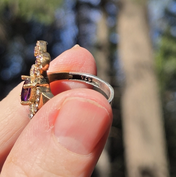 Amethyst 4k & Topaz Elegant Fleur-de-lis style Sterling & Gold ring sz 7.75 - Picture 11 of 11